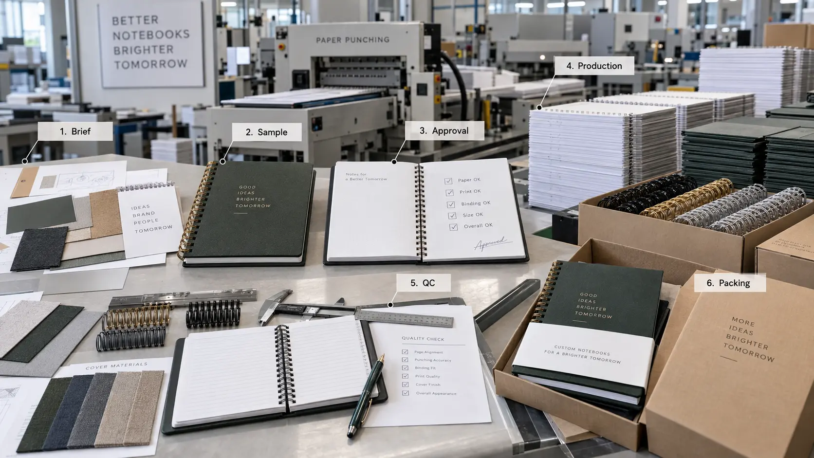 Custom notebook production process from sample approval to manufacturing, quality control and packing Custom notebook production process from sample approval to manufacturing, quality control and packing